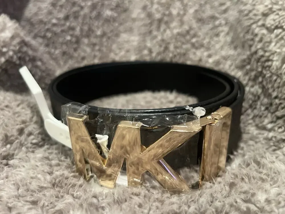 Size L Michael Kors Gold MK Logo Reversible Belt - Chocolate Brown Sig./Black FS